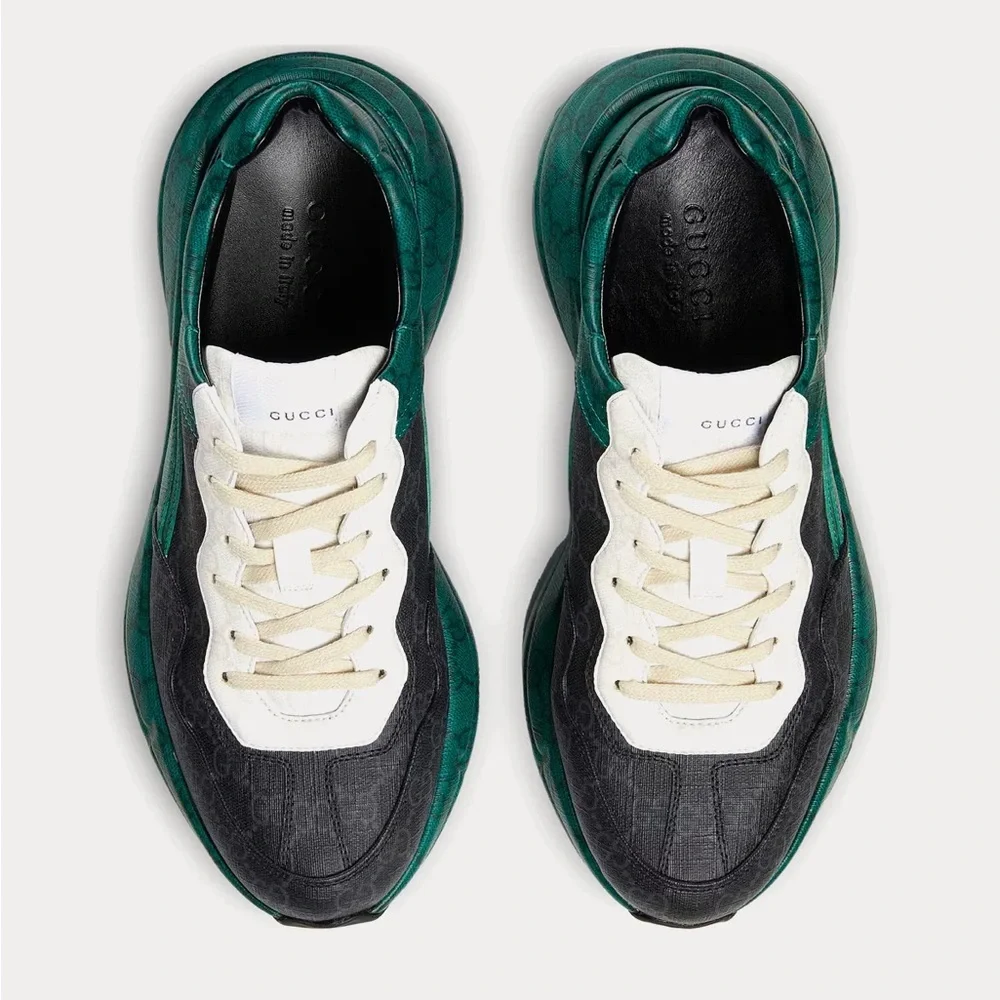 GUCCI MEN'S SHOES GREEN, BLACK & WHITE NYLON GG SUPREME RHYTON SNEAKERS - Picture 8 of 10